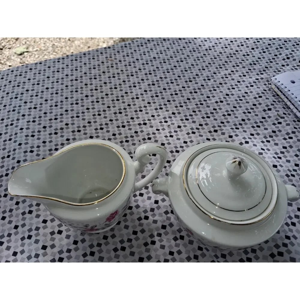 Fine China Cream Creamer and Sugar Set Pink Roses - Gold Trim